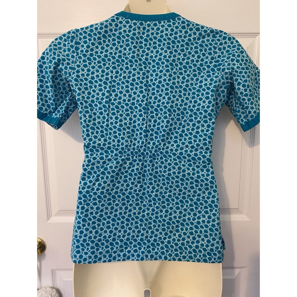 Peaches Small‎ Women's Scrub Top Teal Dot Print Blue Cute Sleeves - Picture 9 of 14